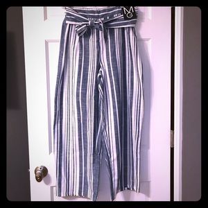 Navy and white striped “paper bag” summer pants